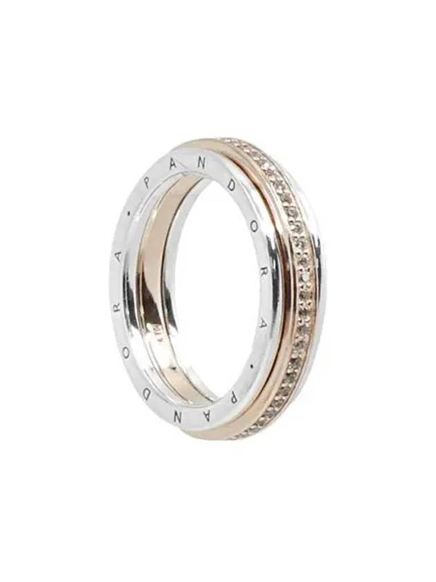 Signature Logo Pave Two-Tone Rose Ring Silver Gold - PANDORA - BALAAN 3