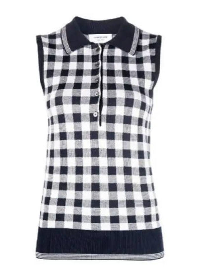 Gingham Silk Jacquard 4 Bar Polo Sleeveless Cardigan Navy - THOM BROWNE - BALAAN 2