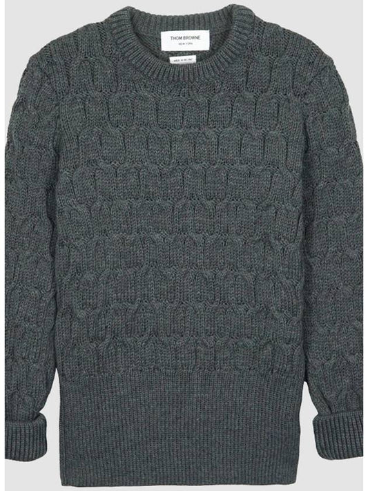 Merino Crisscross Cable Stitch Crewneck Knit Top Grey - THOM BROWNE - BALAAN 2