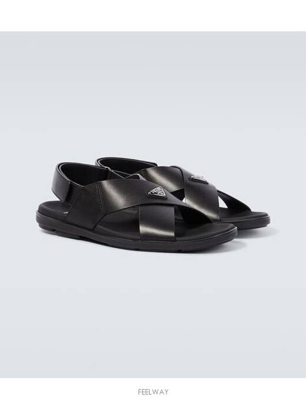 Criss Cross Leather Sandals Black - PRADA - BALAAN 4