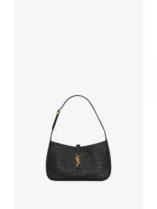 Bronze Monogram Le 5 A 7 Hobo Bag in Crocodile Embossed Shiny Leather Black - SAINT LAURENT - BALAAN 2