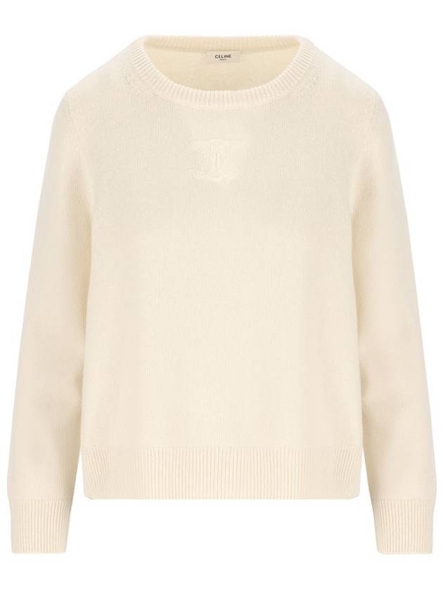 Triomphe Jacquard Crew Neck Heritage Cashmere Knit Top Off White - CELINE - BALAAN 1