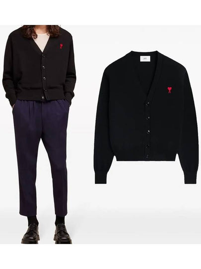 Red Heart Logo Merino Wool Cardigan Black - AMI - BALAAN 2