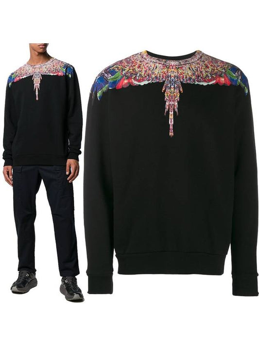 Men's Wings Print Round Sweatshirt Black - MARCELO BURLON - BALAAN.