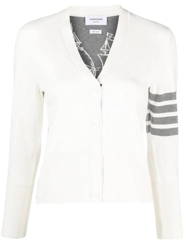 Ship Jacquard Classic Cotton V-Neck Cardigan White - THOM BROWNE - BALAAN 1