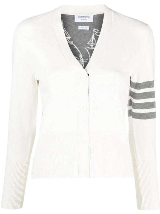 Ship Jacquard Classic Cotton V-Neck Cardigan White - THOM BROWNE - BALAAN 1