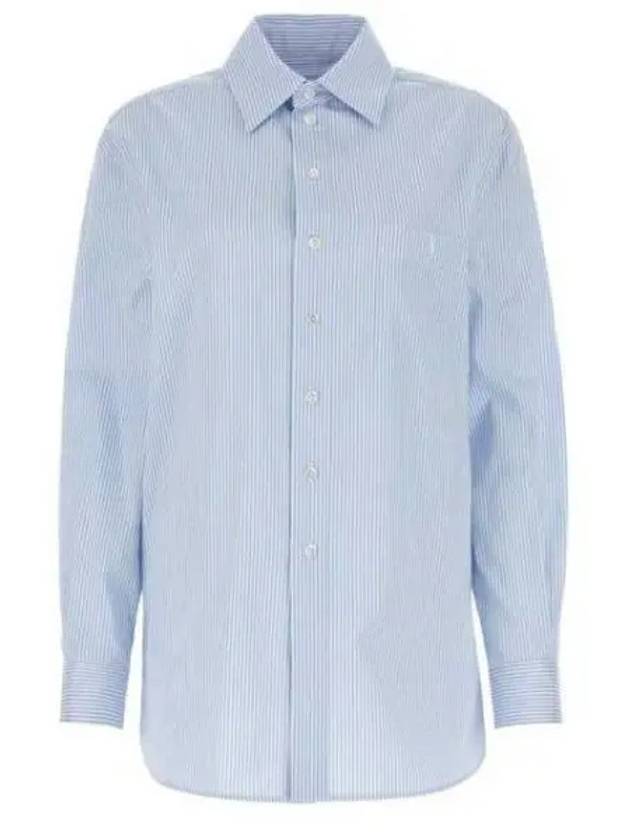 Striped Cotton Poplin Monogram Long Sleeve Shirt Blue - SAINT LAURENT - BALAAN 2