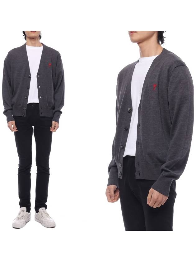 Red Heart Logo Merino Wool Cardigan Heather Grey - AMI - BALAAN 3