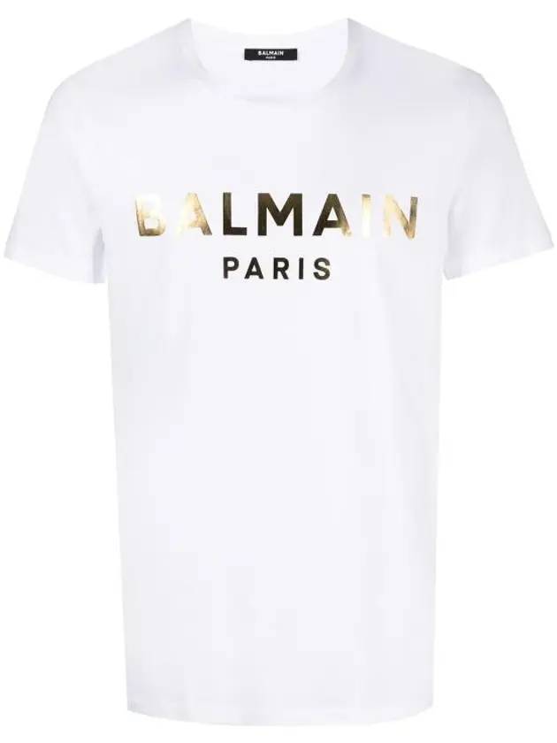 Men's Metallic Gold Logo Print Cotton Short Sleeve T-Shirt White - BALMAIN - BALAAN 1