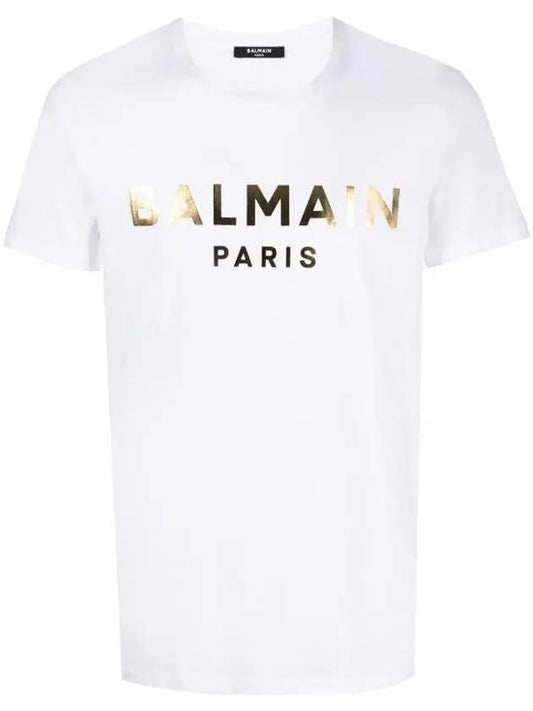 Men's Metallic Gold Logo Print Cotton Short Sleeve T-Shirt White - BALMAIN - BALAAN.