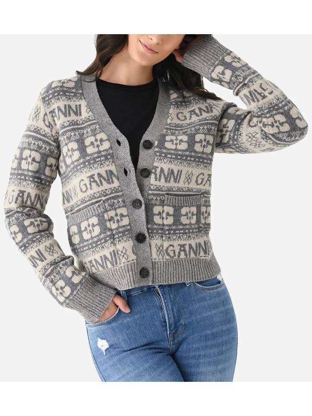 Women's Logo Wool Mix Cardigan Grey - GANNI - BALAAN 3