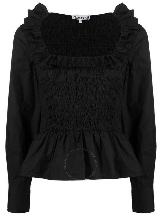 Poplin Ruffled Smoked Cotton Blouse Black - GANNI - BALAAN 2