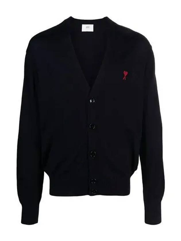 Red Heart Logo Merino Wool Cardigan Black - AMI - BALAAN 2