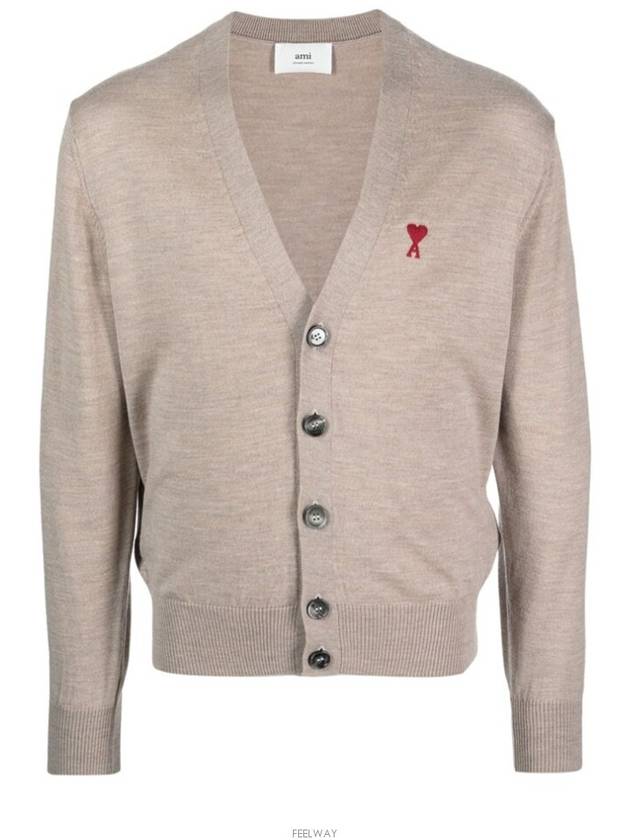 Red Heart Logo Merino Wool Cardigan Beige - AMI - BALAAN 2