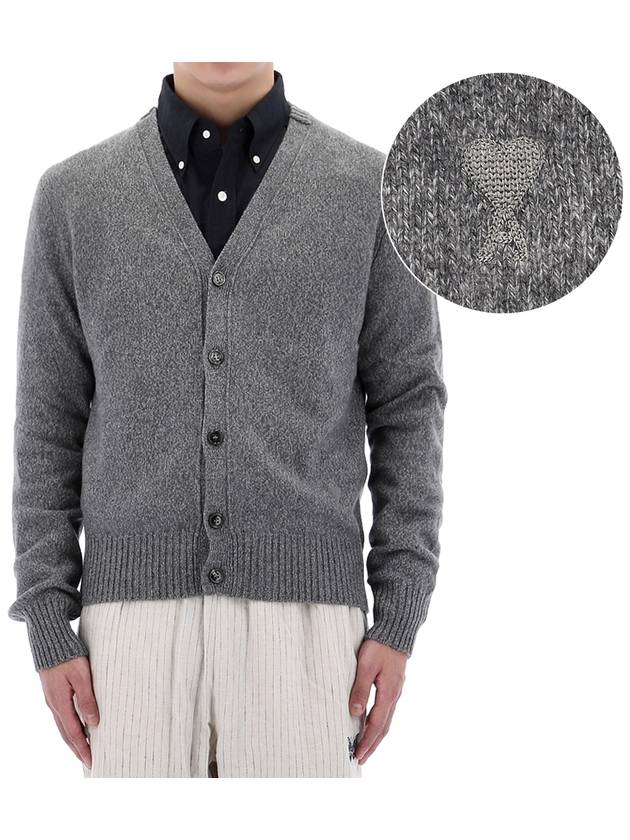 Heart Logo V Neck Cashmere Cardigan Heather Grey - AMI - BALAAN 2