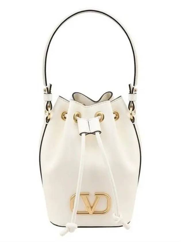 Signature V Logo Leather Small Bucket Bag White - VALENTINO - BALAAN 2