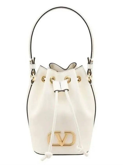 Signature V Logo Leather Small Bucket Bag White - VALENTINO - BALAAN 2