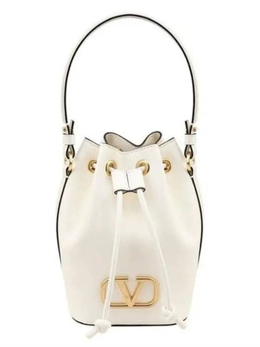 Signature V Logo Leather Small Bucket Bag White - VALENTINO - BALAAN 1