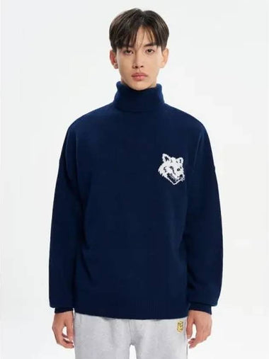 Men s Foxhead Intarsia Comfort High Neck Sweatshirt Ink Blue Domestic Product - MAISON KITSUNE - BALAAN 1