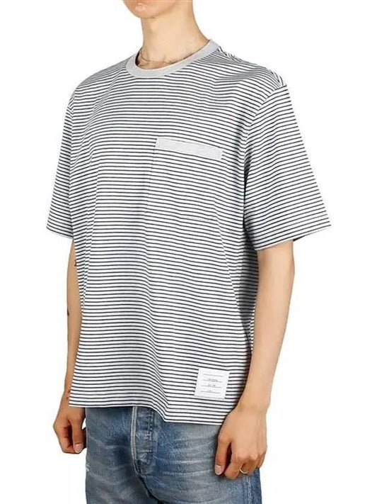 Striped Pocket Cotton Oversized Short Sleeve T-Shirt Blue - THOM BROWNE - BALAAN 2