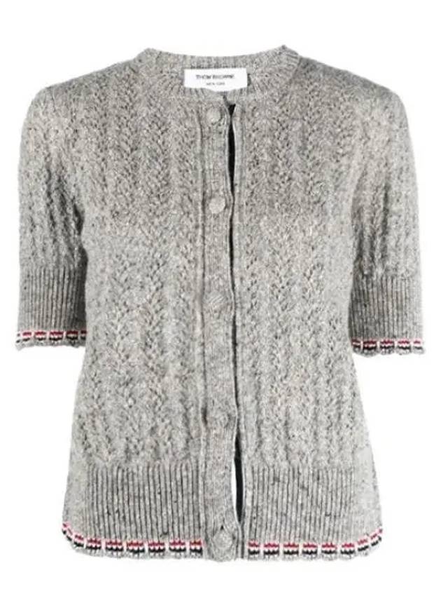 Cable Pointelle Striped Donegal Wool Short Sleeve Cardigan Light Grey - THOM BROWNE - BALAAN 2