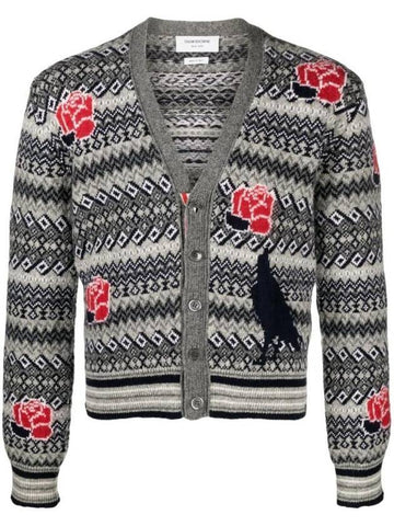 V Neck Rose Raven Wool Mohair Cardigan - THOM BROWNE - BALAAN 1