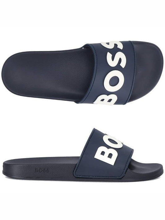 Kirk Embossed Logo Sliders Slippers Navy - HUGO BOSS - BALAAN.