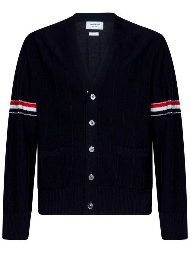 RWB V-neck Striped Virgin Wool Cardigan Navy - THOM BROWNE - BALAAN 2