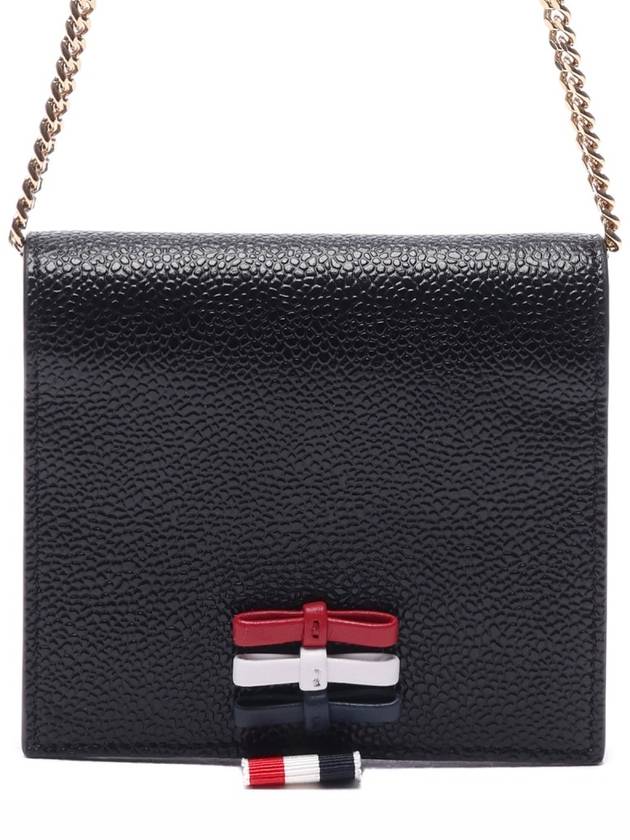 Pebble Grain Leather Bow Detail Chain Strap Card Wallet Black - THOM BROWNE - BALAAN 3