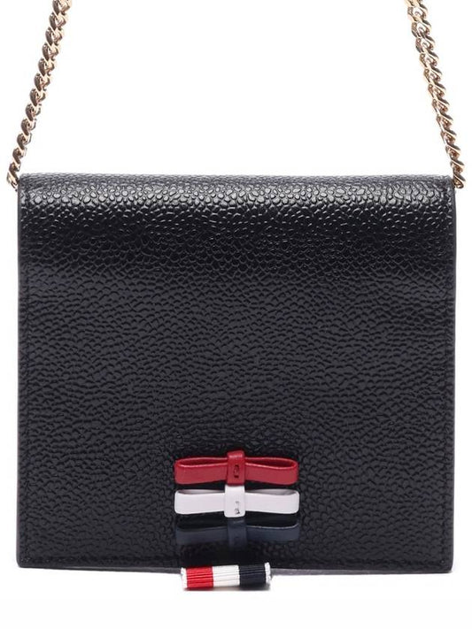 Pebble Grain Leather Bow Detail Chain Strap Card Wallet Black - THOM BROWNE - BALAAN 2