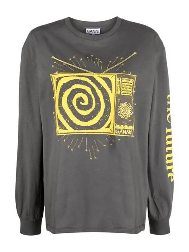 Graphic Print Long Sleeve T-Shirt Grey - GANNI - BALAAN 3