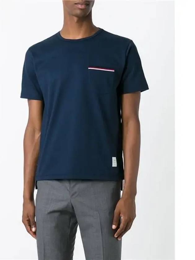 Men's Medium Weight Jersey Tipped Pocket Crewneck Short Short Sleeve T-Shirt Navy - THOM BROWNE - BALAAN 3