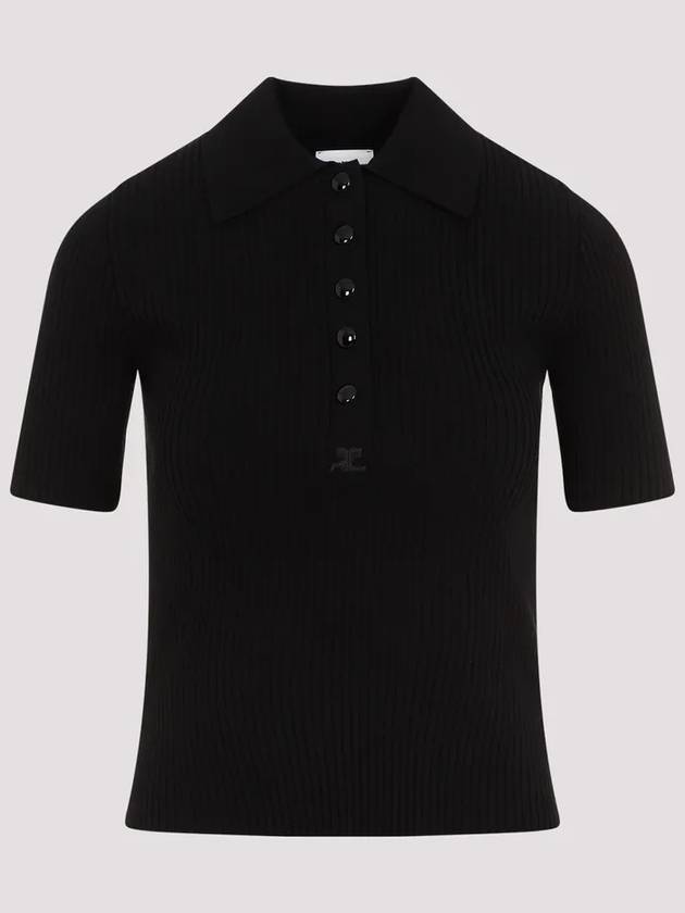 Iconic Logo Rib Short Sleeve Polo Knit Top Black - COURREGES - BALAAN 2