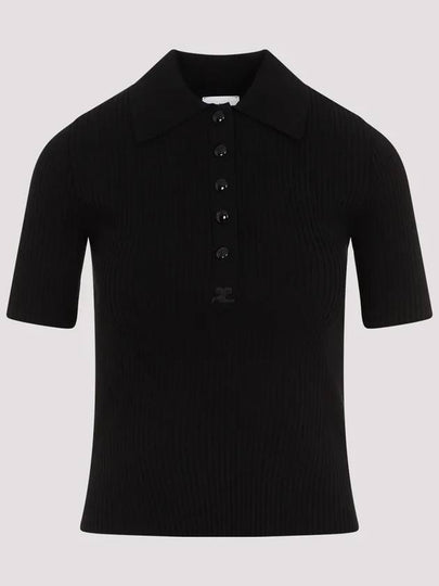 Iconic Logo Rib Short Sleeve Polo Knit Top Black - COURREGES - BALAAN 2