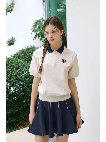 Smile Heart Span Collar Short Sleeve T-Shirt Cream - GOXO - BALAAN 1