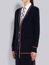 Three Stripe Trim Ribbed Cashmere V Neck Cardigan Navy - THOM BROWNE - BALAAN 3