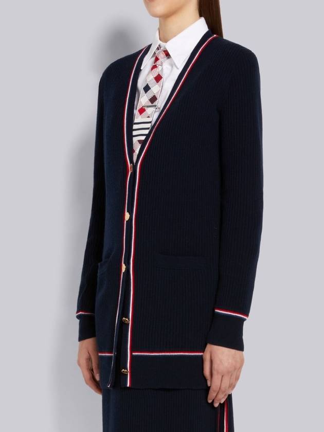 three-stripe trim ribbed cashmere V-neck cardigan - THOM BROWNE - BALAAN.