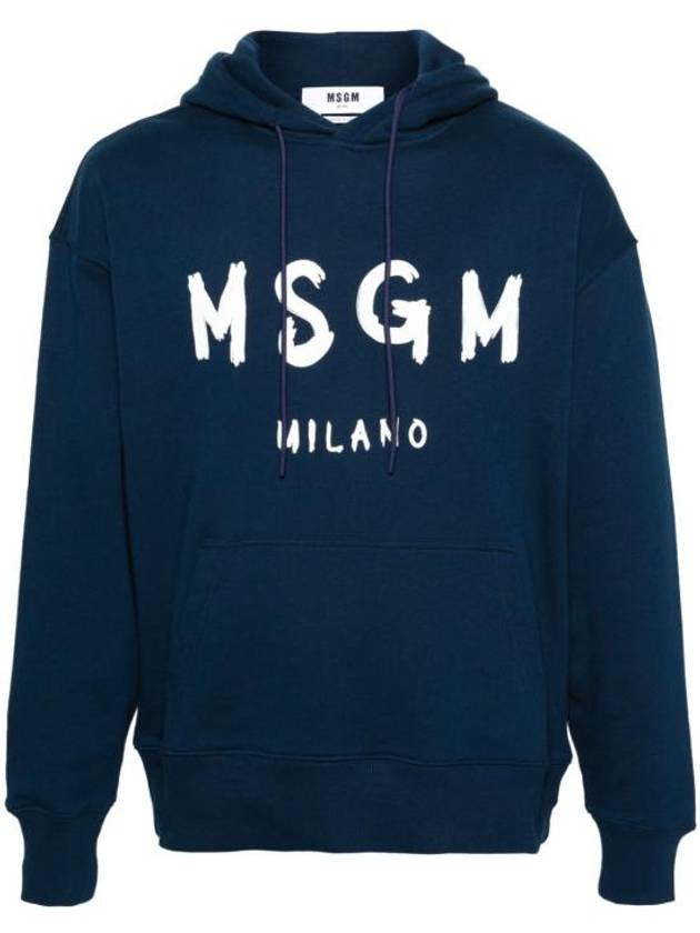 Brushed Logo Print Cotton Hoodie Navy - MSGM - BALAAN 2