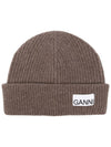 Logo Tag Ribbed Beanie Brown - GANNI - BALAAN 1