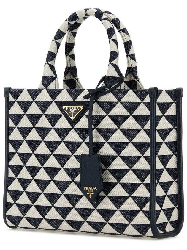 Small Symbol Embroidery Fabric Hand Tote Bag Baltic Blue Chalk White - PRADA - BALAAN 3