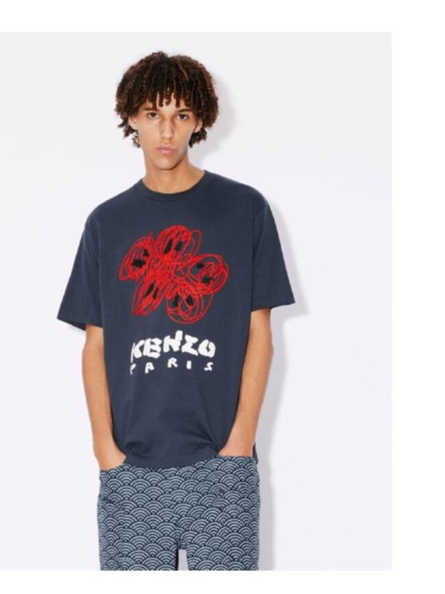 Drawn Varsity Embroidered Classic Cotton T-Shirt Midnight Blue - KENZO - BALAAN 2