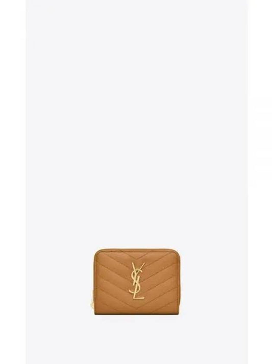 Monogram Zipper Grained Leather Half Wallet Dark Natural - SAINT LAURENT - BALAAN 2