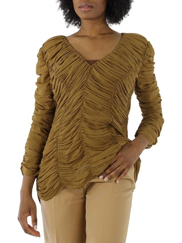 Khaite Ladies Khaki Brown V-Neck Ruched Silk Blouse, Size 6 - KATE - BALAAN 1