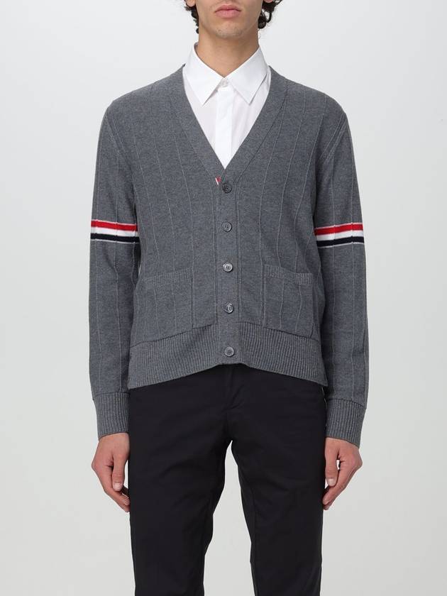 RWB V-neck Striped Virgin Wool Cardigan Grey - THOM BROWNE - BALAAN 2