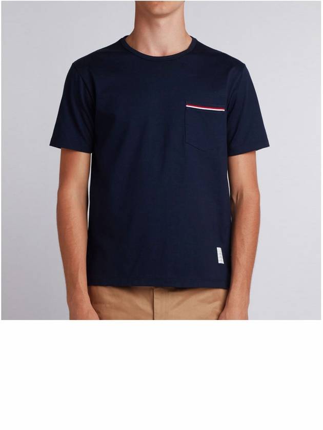 Men's Medium Weight Jersey Tipped Pocket Crewneck Short Short Sleeve T-Shirt Navy - THOM BROWNE - BALAAN 3