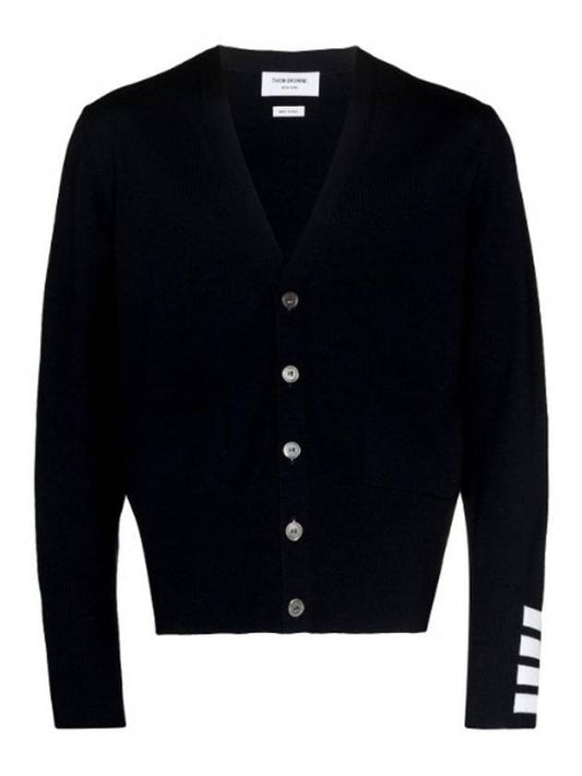 Men's Fine Merino Wool 4 Bar Cuff V-Neck Cardigan Navy - THOM BROWNE - BALAAN 2