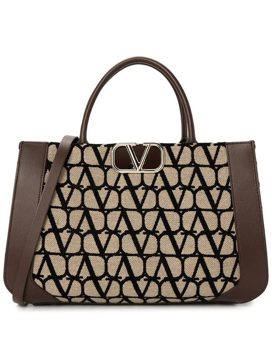 Medium V Logo Signature Iconograph Hand Tote Bag Black Beige - VALENTINO - BALAAN.