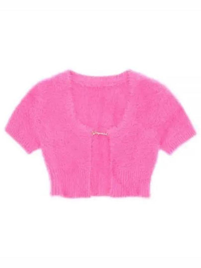 La Maile Neve Logo Charm Fluffy Crop Cardigan Pink - JACQUEMUS - BALAAN 2