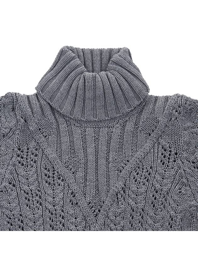 Women's 4 Bar Irish Pointelle Cable Merino Wool Turtleneck Grey - THOM BROWNE - BALAAN 4