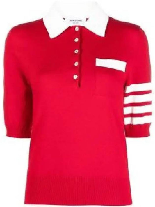 Cotton Hector Pointelle 4-Bar Polo Shirt Red - THOM BROWNE - BALAAN 2